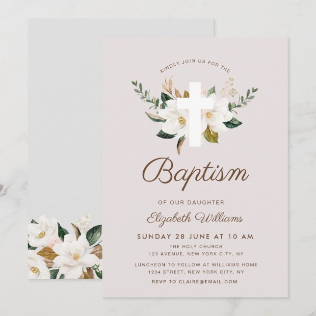 invitation au baptême de magnolia floral (Devant / Derrière)
