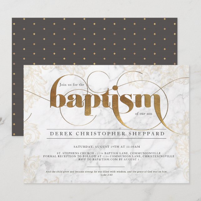 Invitation au baptême de marbre d'or (Devant / Derrière)
