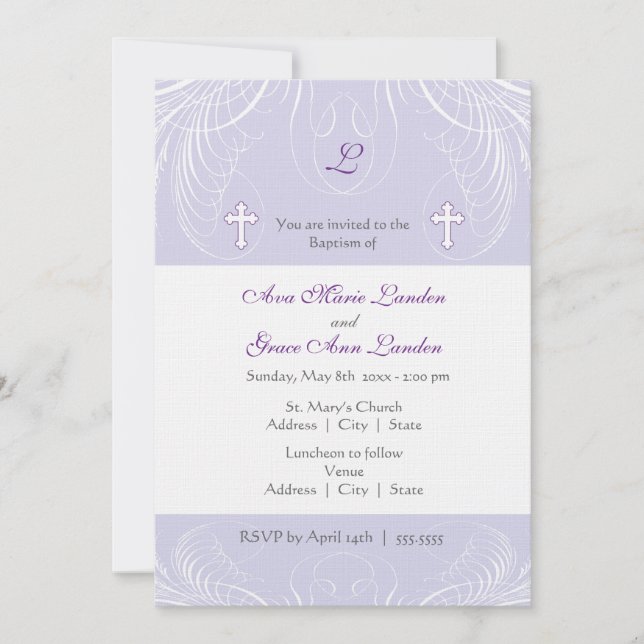 Invitation au baptême des filles jumelles Monogram (Devant)
