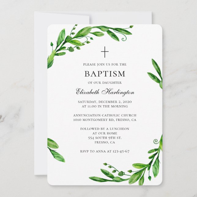 Invitation au baptême d'été vert. Feuilles aquarel (Devant)