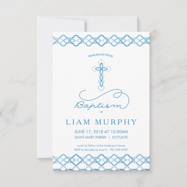 Invitation au baptême du garçon - Croix Bleue chic (Devant)