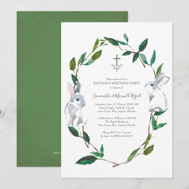 Invitation au baptême et à la fête d'anniversaire (Devant / Derrière)