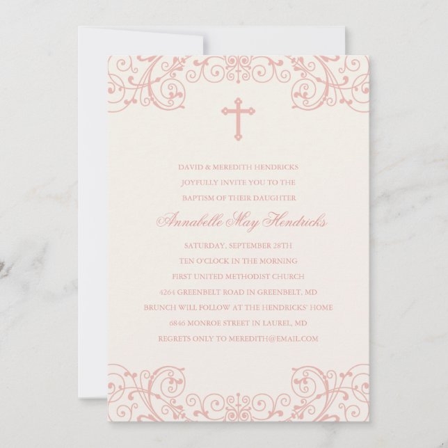 Invitation au baptême et au baptême croisé rose (Devant)