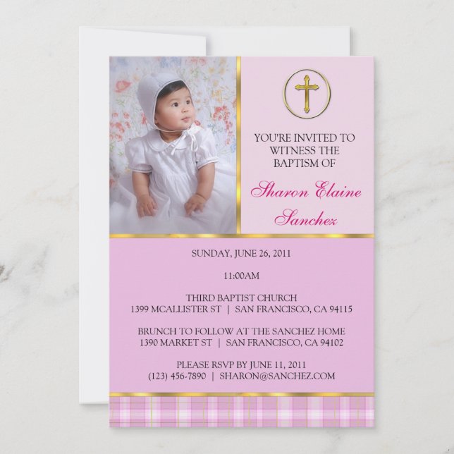 Invitation au baptême et au baptême rose et or (Devant)