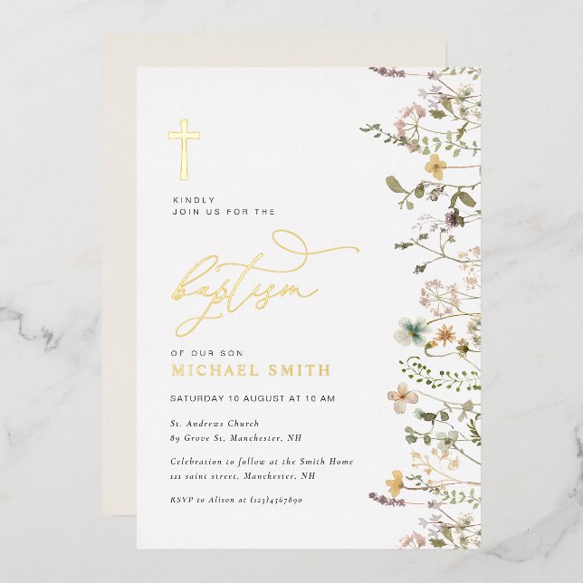 invitation au baptême fleur sauvage de feuille d'o (Recto/Verso)