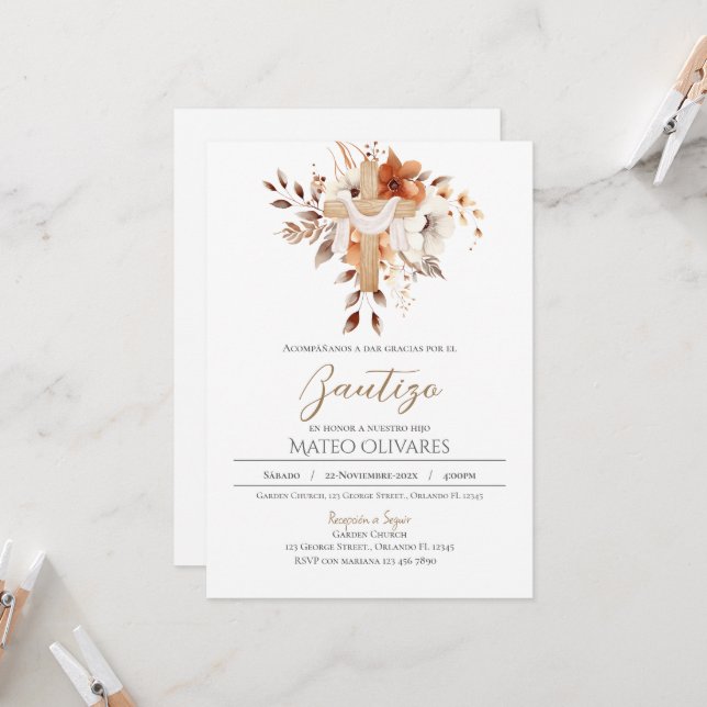 Invitation au baptême Floral Boho espagnol (Devant/Arrière en situation)