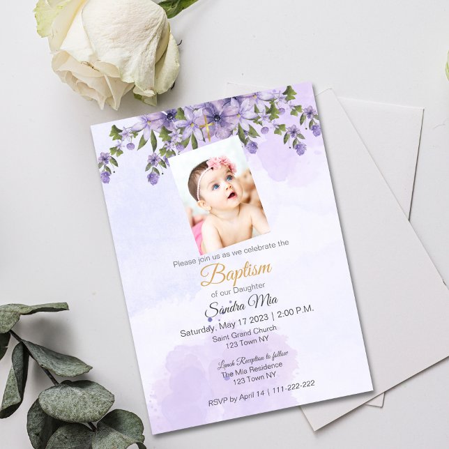 Invitation au baptême floral pourpre (Purple Floral Baptism Invite)