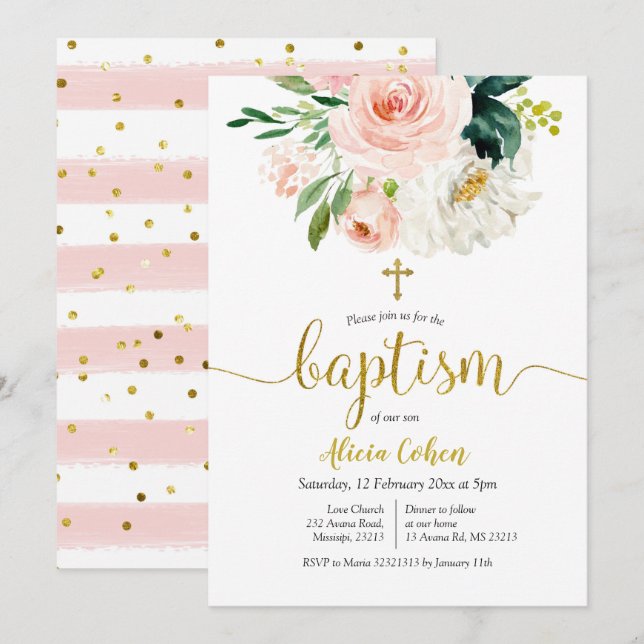 Invitation au baptême floral rose (Devant / Derrière)