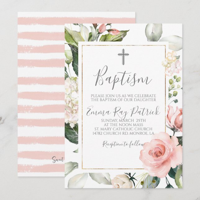 Invitation au baptême floral rose (Devant / Derrière)