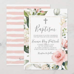 Invitation au baptême floral rose