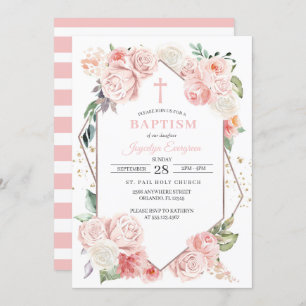 Invitation au baptême floral rose