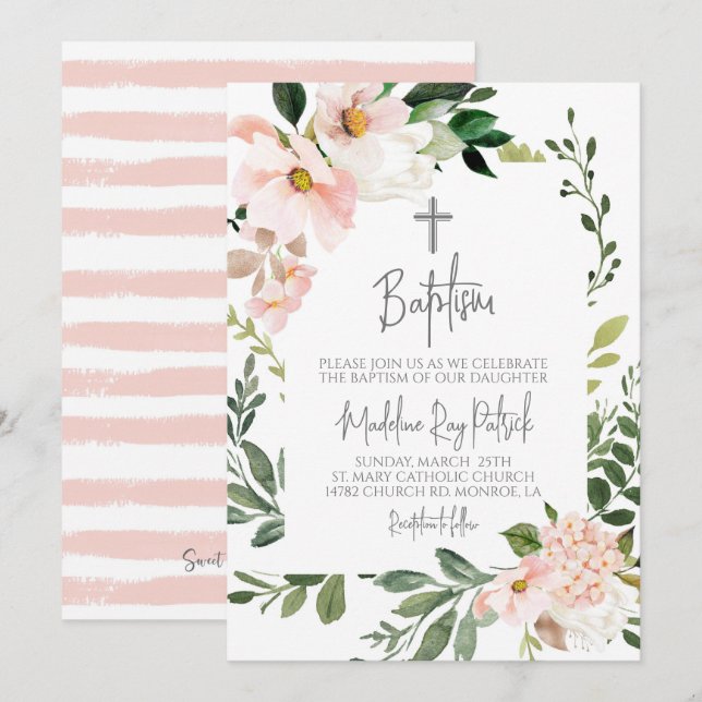 Invitation au baptême floral rose (Devant / Derrière)