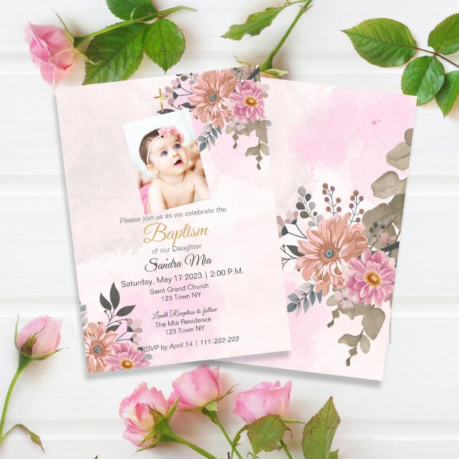 Invitation au baptême floral rose (Pink Floral Baptism Invite)