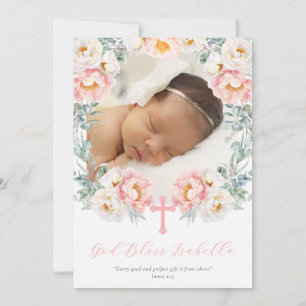 Invitation au baptême floral rose avec photo