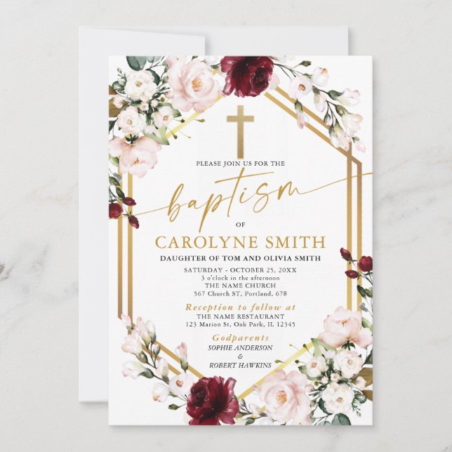 Invitation au baptême floral rose et bordeaux (Devant)