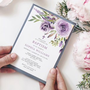 Invitation au baptême floral Rose violet