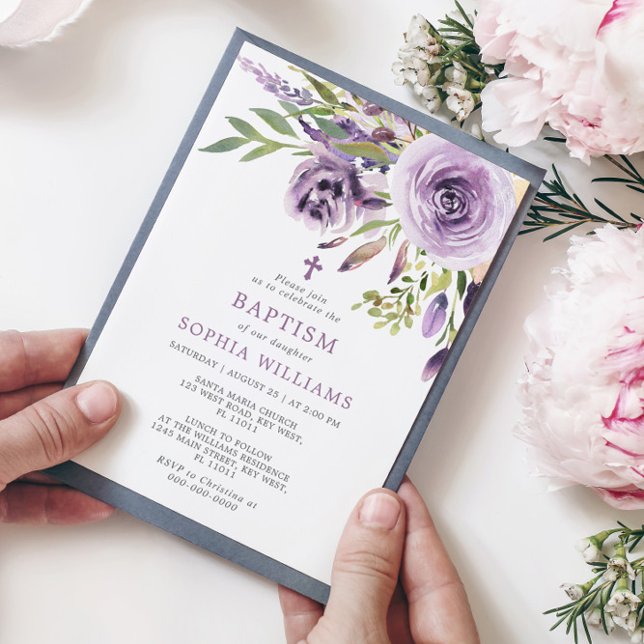 Invitation au baptême floral Rose violet (Créateur téléchargé)