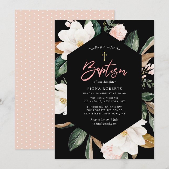 invitation au baptême noir floral magnolia (Devant / Derrière)