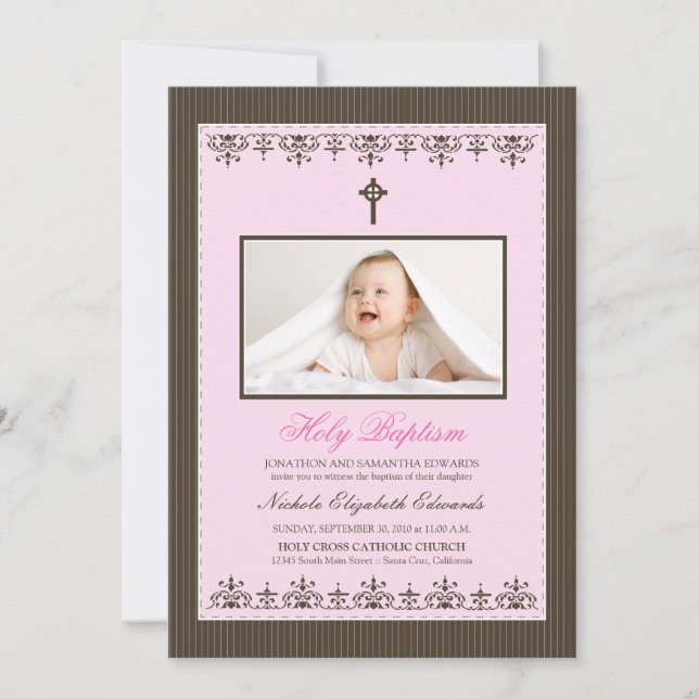 Invitation au baptême rose de 5 x 7 po (Devant)