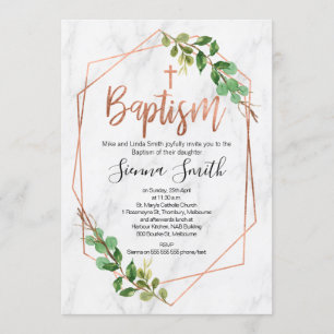 invitation au baptême Rose de feuilles d'or et de 