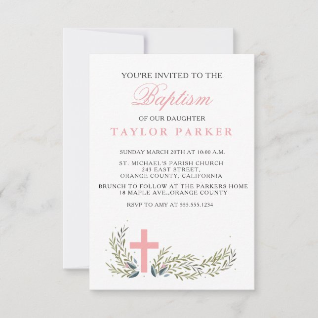 Invitation au baptême rose élégant (Devant)