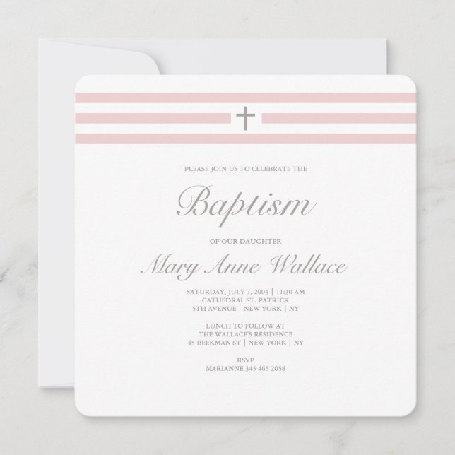 Invitation au baptême rose et gris (Devant)