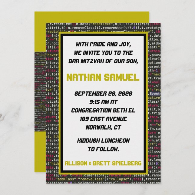 Invitation au Bar Mitzvah de la fête des codeurs (Devant / Derrière)