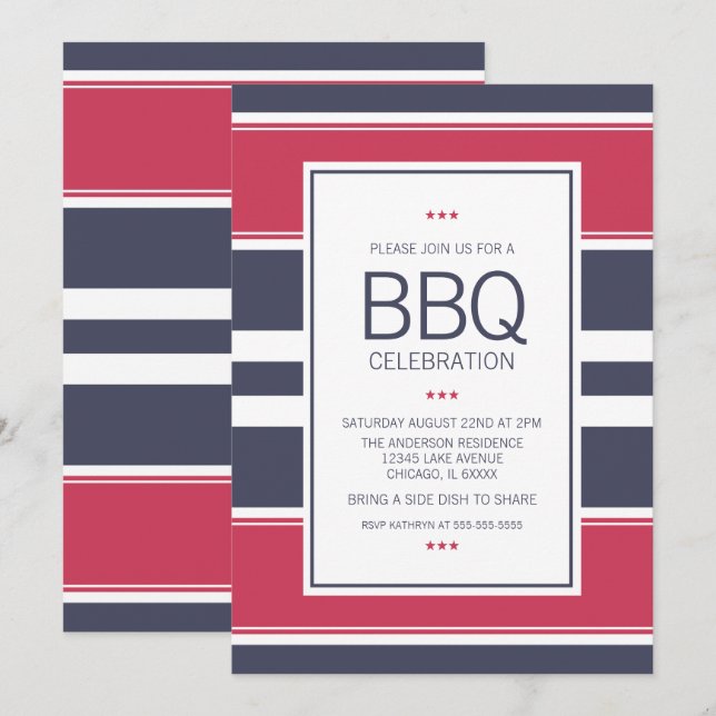Invitation au barbecue en bande rouge, blanc et bl (Devant / Derrière)