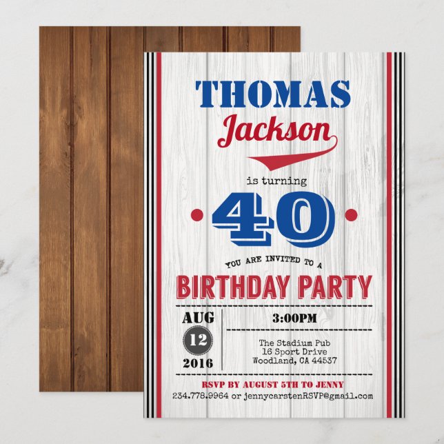 Invitation au baseball à l'anniversaire de 40 ans. (Devant / Derrière)