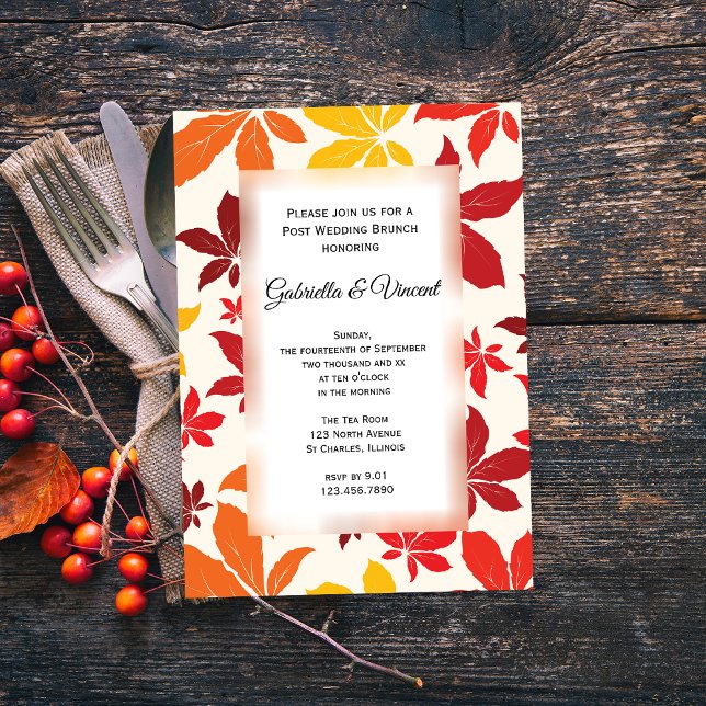 Invitation au brunch après mariage sous les feuill (Set the tone for your Autumn after marriage event with the Bright Fall Leaves Post Wedding Brunch.)