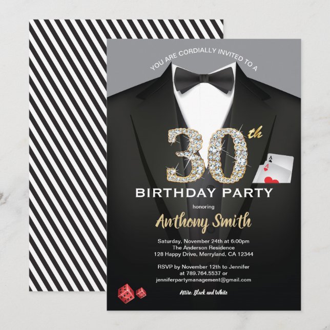 Invitation au casino pour 30e anniversaire. Noir e (Devant / Derrière)