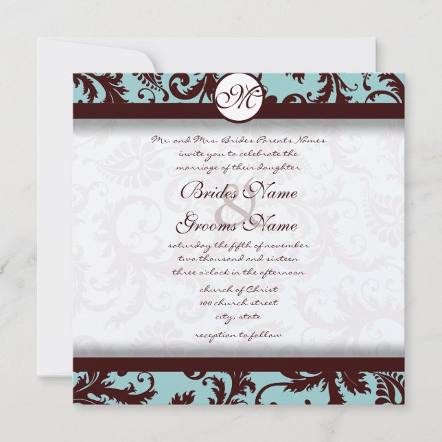 Invitation au chocolat Brown Aqua Mariage damassé (Devant)