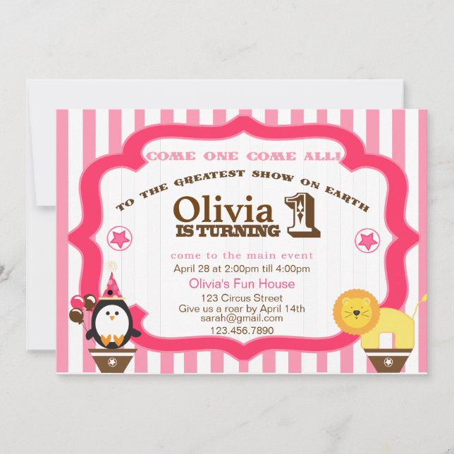 Invitation au cirque d'anniversaire pour les fille (Devant)