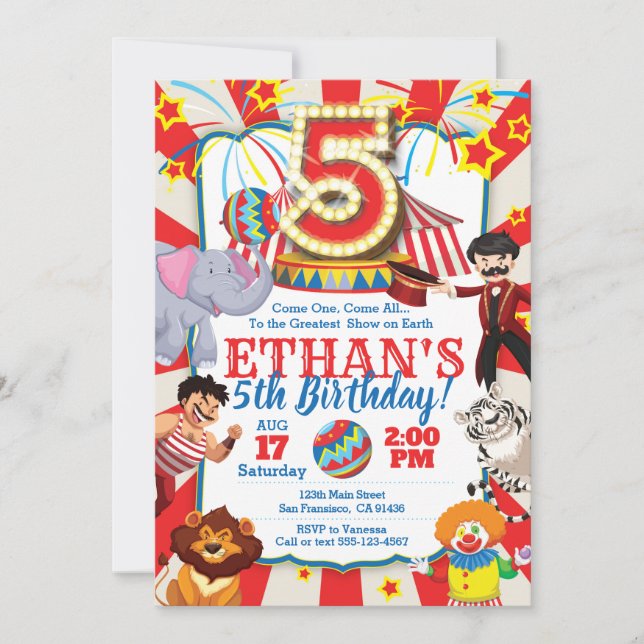 Invitation au Cirque Party pour le 5e anniversaire (Devant)