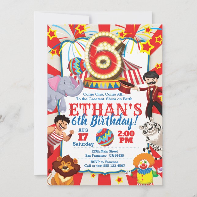 Invitation au Cirque Party pour le 6e anniversaire (Devant)