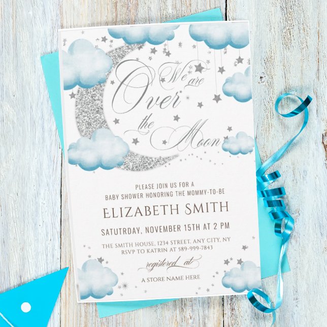 Invitation Au-dessus de la lune Baby shower bleu argent garço (Créateur téléchargé)