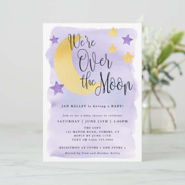 Invitation Au-dessus de la lune, Baby shower d'aquarelle viol (Debout devant)
