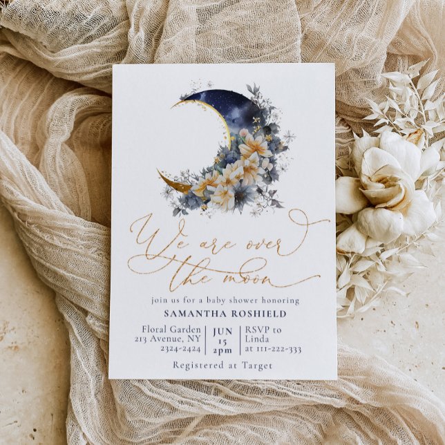 Invitation Au-dessus de la lune baby shower d'or marine (Créateur téléchargé)