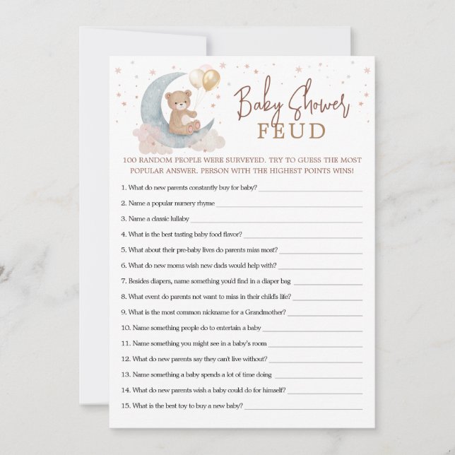 Invitation Au-dessus de la lune Baby shower Feud Game Card (Devant)