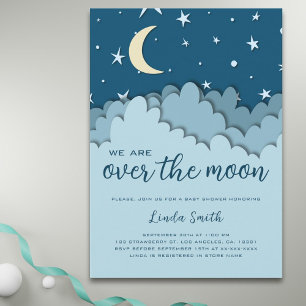 Invitation Au-dessus de la lune Blue Stars Boy Baby shower