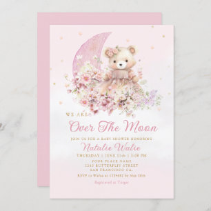 Invitation Au-dessus de la lune Boho Teddy Bear Girl Baby sho