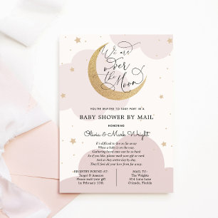Invitation Au-dessus de la lune d'or Baby shower rose par cou