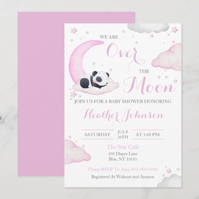 Invitation Au-dessus de la lune fille Panda Baby shower ours (Devant / Derrière)