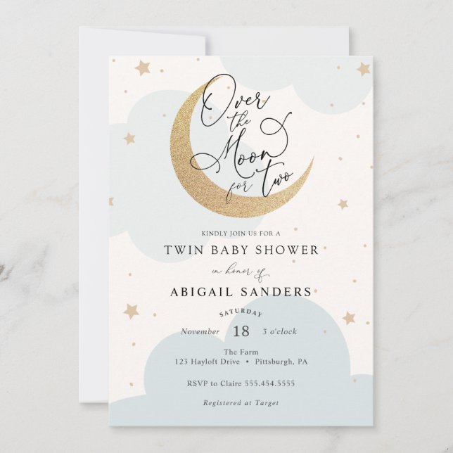 Invitation Au-dessus de la lune pour deux Baby shower jumeaux (Devant)