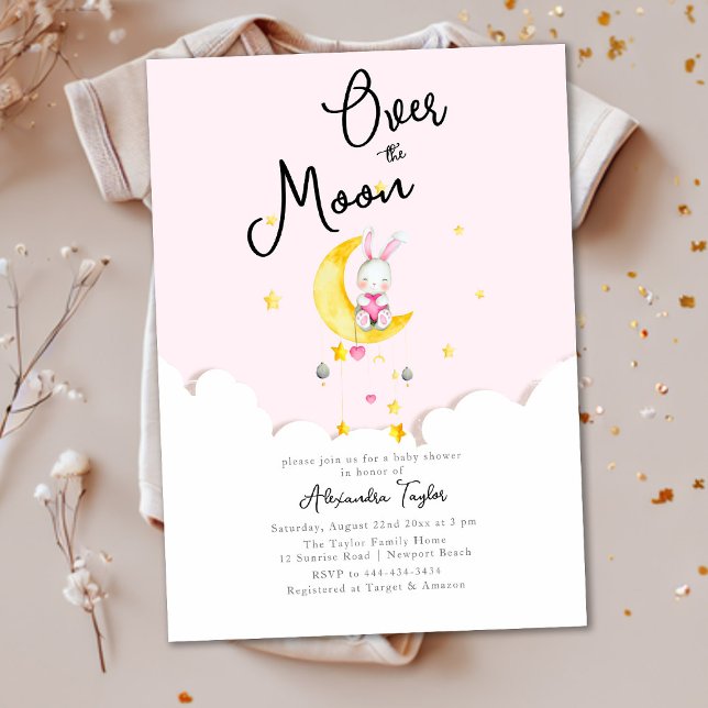 Invitation Au-dessus de la lune Rabbit Coeur rose Baby shower (Créateur téléchargé)