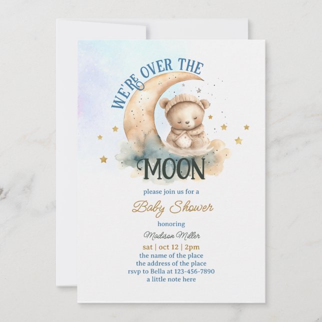 Invitation Au-Dessus De La Lune Teddy Bear Bébé Garçon Douche (Devant)