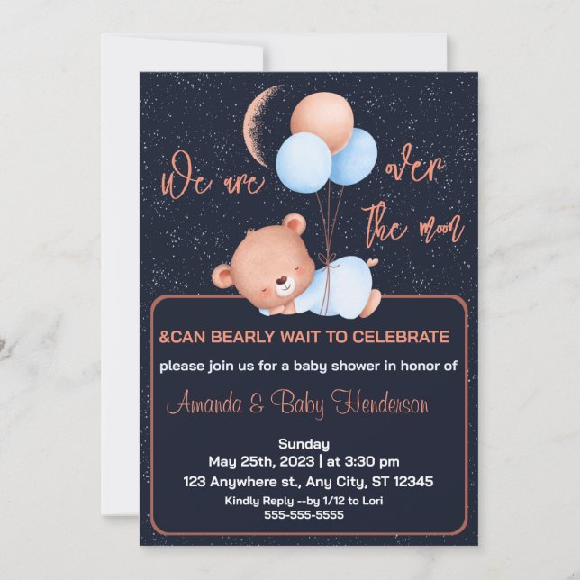 Invitation Au-Dessus De La Lune Teddy Bear Sage Baby shower V (Devant)