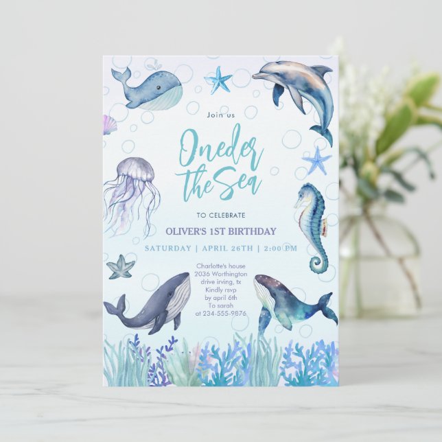 Invitation Au-dessus de la mer Océan Animaux 1er Garçon Anniv (Debout devant)