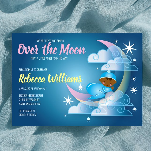 Invitation Au-Dessus Du Baby shower Bercé Par La Lune - Peau  (Over The Moon Cradled Baby Shower - Darker Skin Invitation)