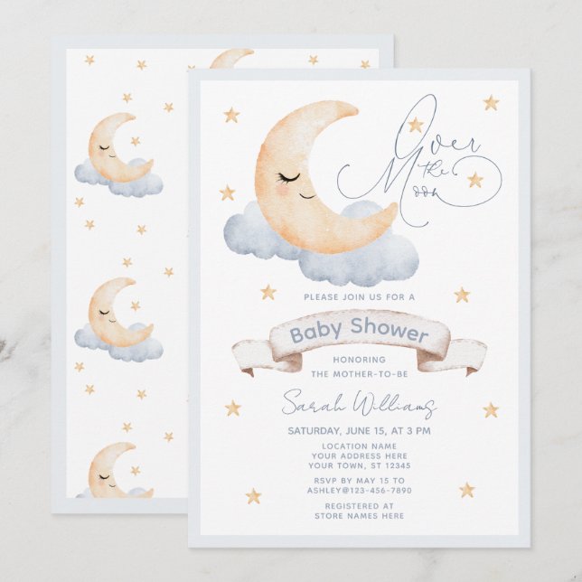 Invitation Au-dessus du Baby shower bleu Moon Gold Stars (Devant / Derrière)